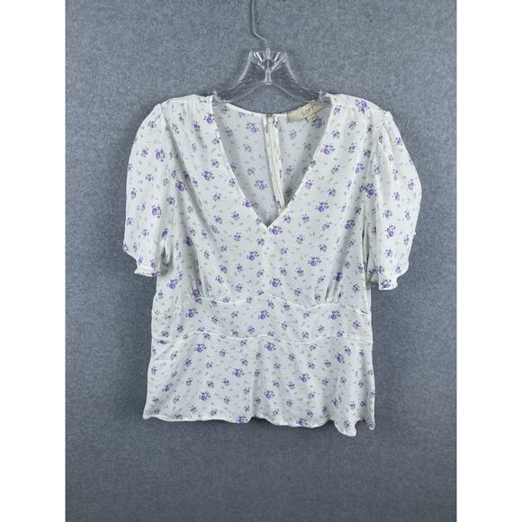 Loft Top Women's 14‎ White Purple Floral Print Short Sleeve V Neck Back Zipper - Picture 1 of 8